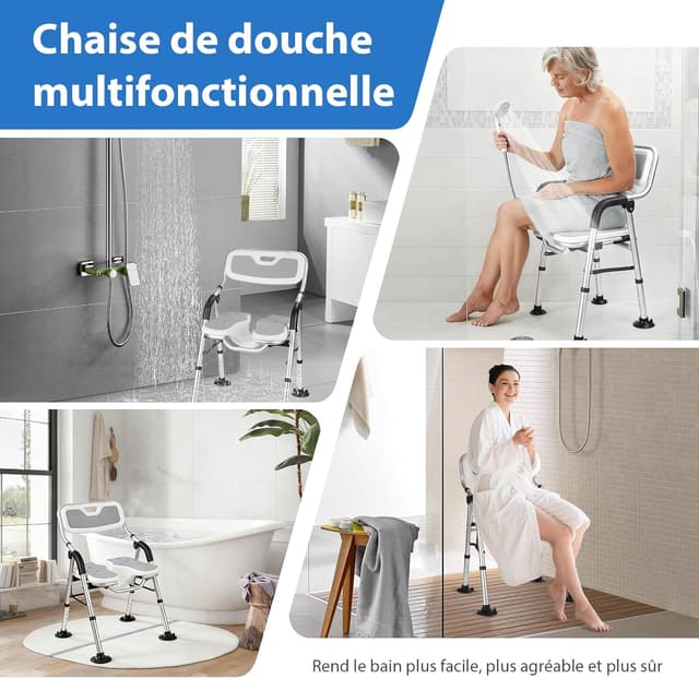 Thumbnail 6 de DEWEL Chaise de douche pliable avec dossier et accoudoir, hauteur réglable (jusqu’à 150 kg), gris