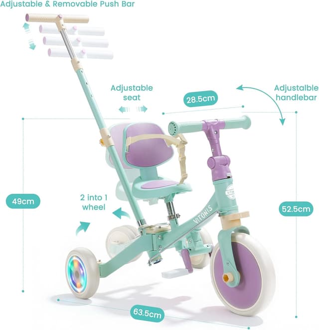 Detalle de VITONIS Triciclo 5 in 1 verde con ruote lampeggianti e cintura di sicurezza (18 mesi–5 anni)