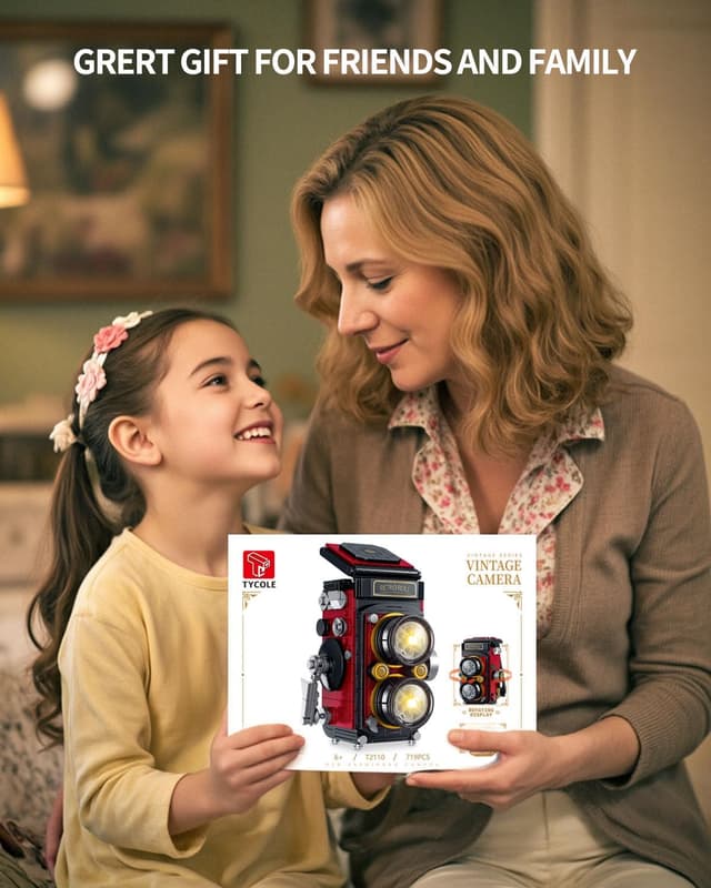 Detalle 2 de TYCOLE set di costruzioni per fotocamera retrò vintage con luci LED e design reflex a doppia lente (719 pezzi)