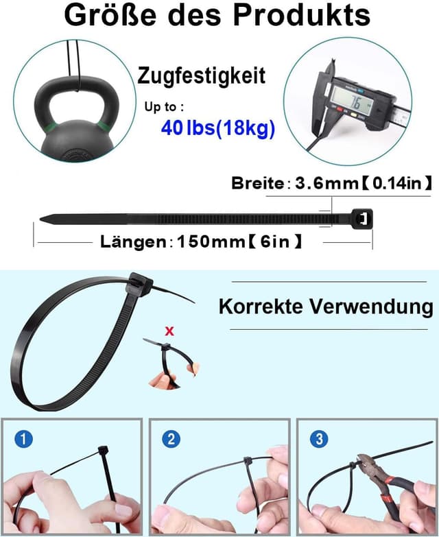 Detalle de 1000 Stück Kabelbinder Schwarz 150 x 3,6 mm (18 kg Zugfestigkeit) – UV-beständig, Nylon PA66, selbstsichernd