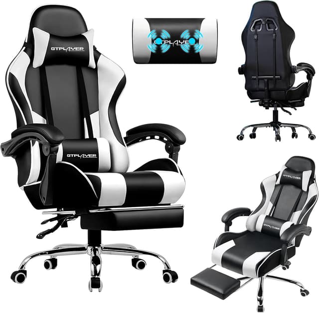 Detalle de LUCKRACER Sedia da Gaming Massaggiante ed Ergonomica con schienale regolabile, poggiapiedi e supporto lombare (reclinabile) – Bianco