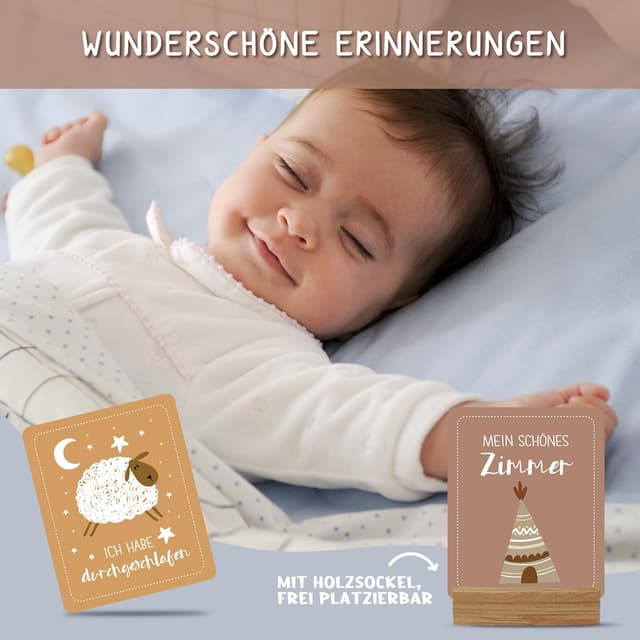 Detalle de BIROYAL 56 Meilensteinkarten für Baby (Monatskarten 1–12 Monate) mit Holzsockel & Metallbox