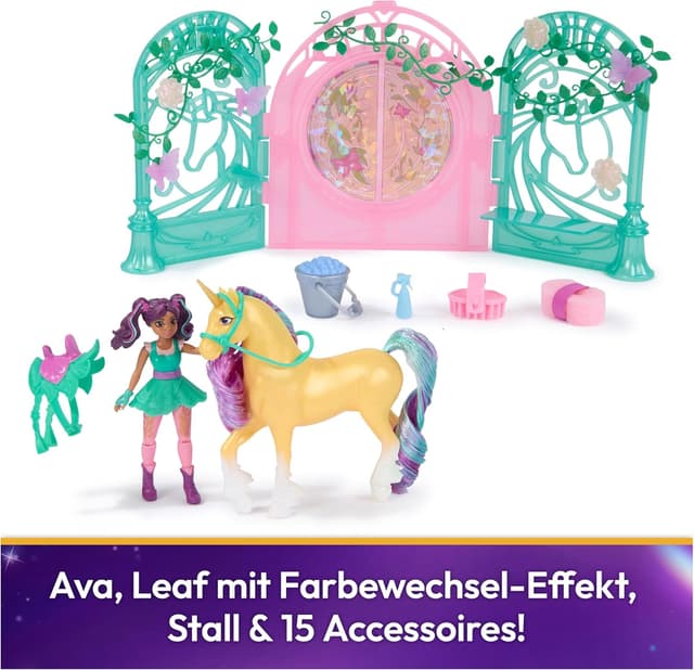 Detalle de Unicorn Academy Ava & Einhorn Leaf Leaf Stall Spielset mit Farbwechseleffekt (Figuren ca. 11/12 cm) und 15 Accessoires – für Kinder ab 4 Jahren