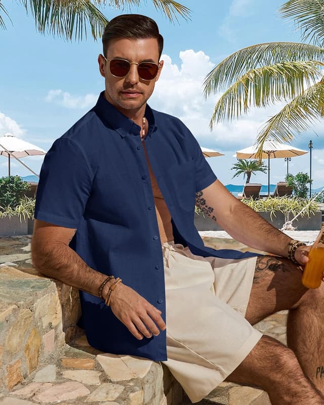 Detalle de J.VER Leinenhemd Herren Kurzarm – Regular Fit Button-Down mit Brusttasche für Sommer & Freizeit