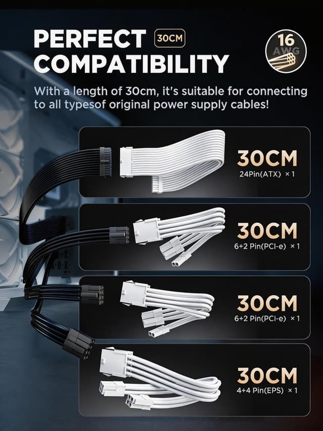 Detalle de AsiaHorse PSU Kabelverlängerungskit für 24-Pin, EPS (4+4) und PCIe (6+2) – sleeved, 16AWG, 30 cm, Snow Weiß