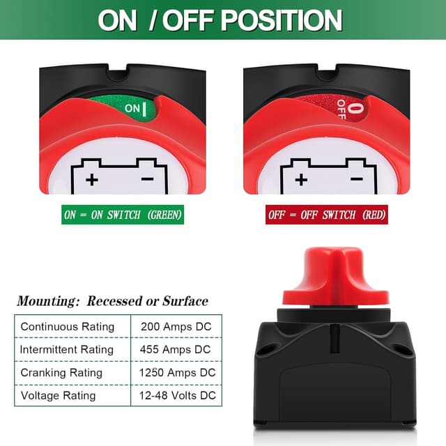 Detalle de 2x Batterie-Trennschalter 12V/24V/48V, 200 A Dauer/455 A kurz, Bolatus Hauptschalter für M10-Anschlüsse (Boot, Wohnwagen & Co.)