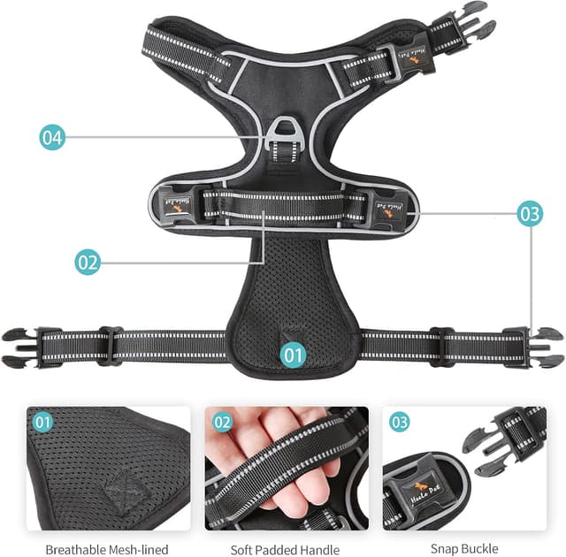 Detalle 1 de HEELE Hundegeschirr ohne Zug (No-Pull) mit reflektierenden Streifen, Schwarz – einstellbar, gepolsterter Griff, Größe S