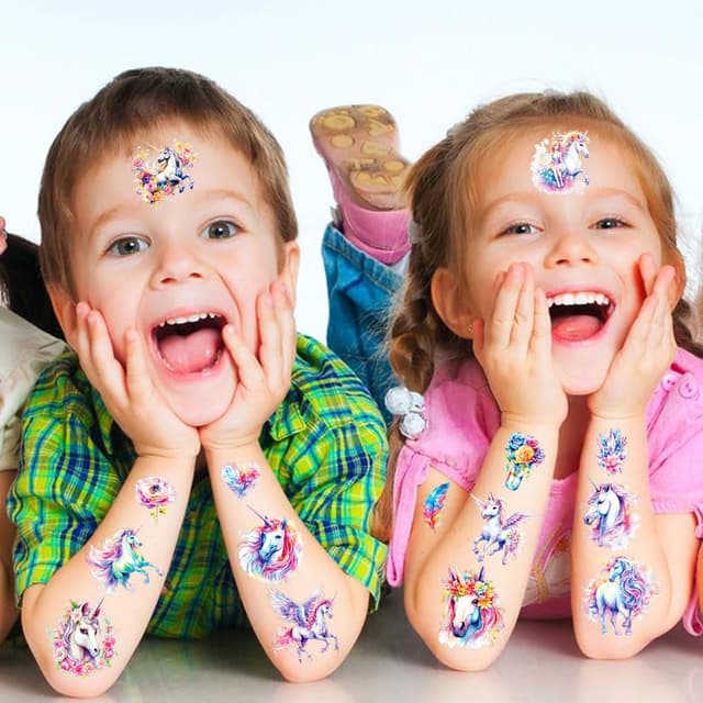 Detalle de Einhorn Glitzer Tattoo Set Kinder – 12 Blätter Einhorn-Glitzertattoos als Partygeschenk