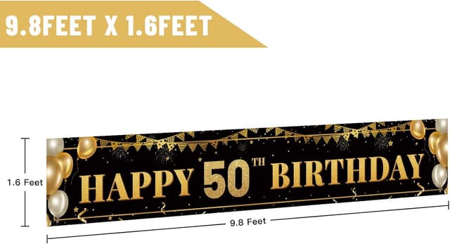 Detalle 2 de Large Happy 50th Birthday Decoration Banner (Black & Gold) — Polyester Party Backdrop Sign, 9.8 x 1.6 ft