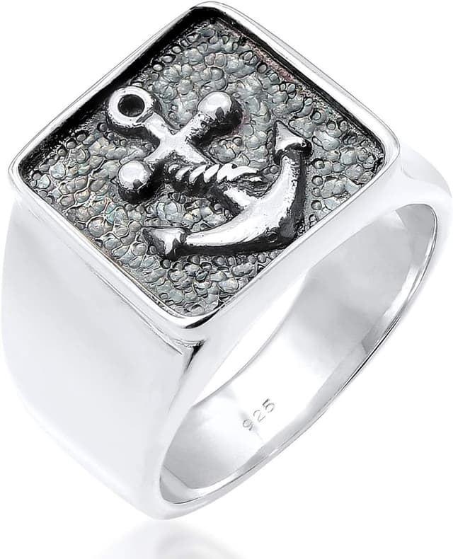 Detalle de Kuzzoi Siegelring für Herren – massiv, 14 mm breit aus 925 Sterling Silber, schwarz oxidiert mit Ankersymbol (Ringgröße 60–66)