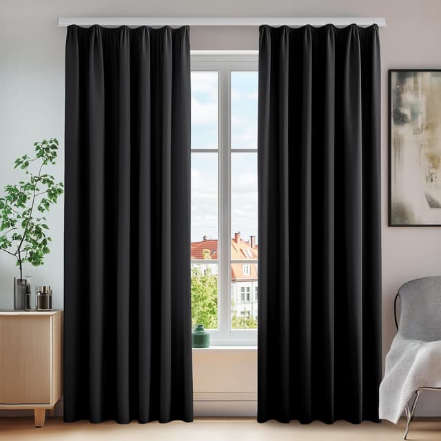 Detalle de Deconovo set di 2 tende oscuranti termiche con nastro a matita 140x210 cm (nero)