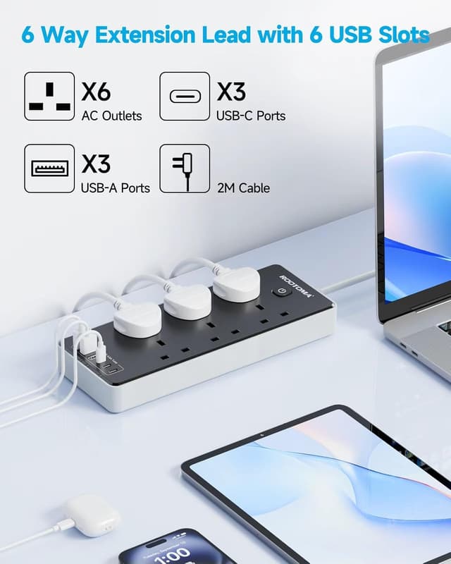 Detalle 2 de Extension Lead with USB Slots 6-Way Surge