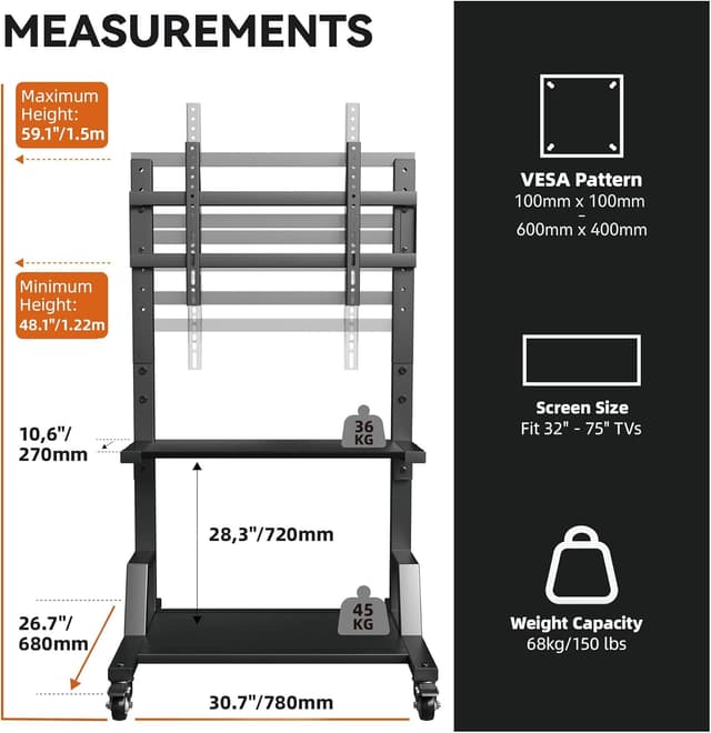 Detalle 2 de Aetubree Rolling TV Stand on Wheels for 32–75 inch TVs (up to 150lbs, VESA up to 600×400)