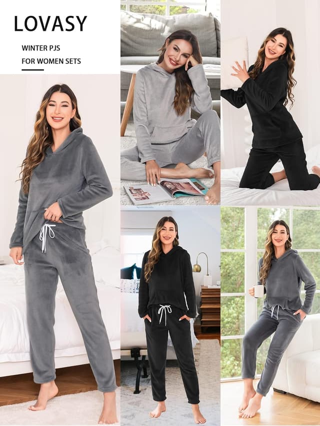 Detalle de Ensemble de pyjama femme en polaire Lovasy avec capuche et grandes poches