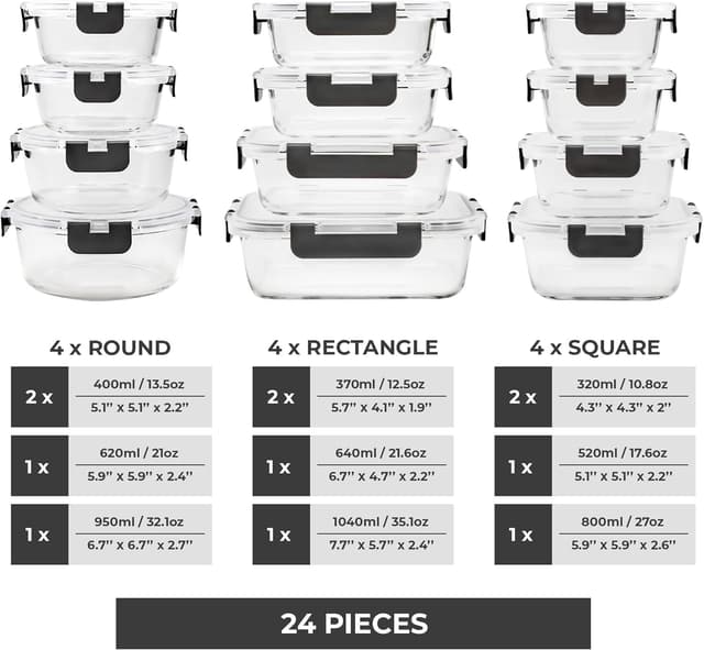 Detalle 2 de Freshware Glass Storage Containers with Lids 24 Pieces