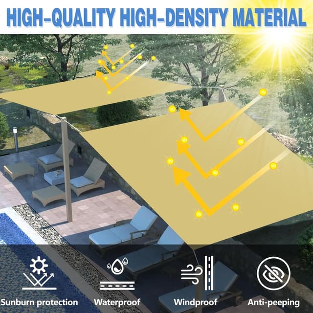 Detalle 2 de Sonnensegel Rechteckig Terrassen-Windschutz mit Seil – wasserdicht, UV-Block 95% (UPF 50+), Sandbeige, 3x3 m