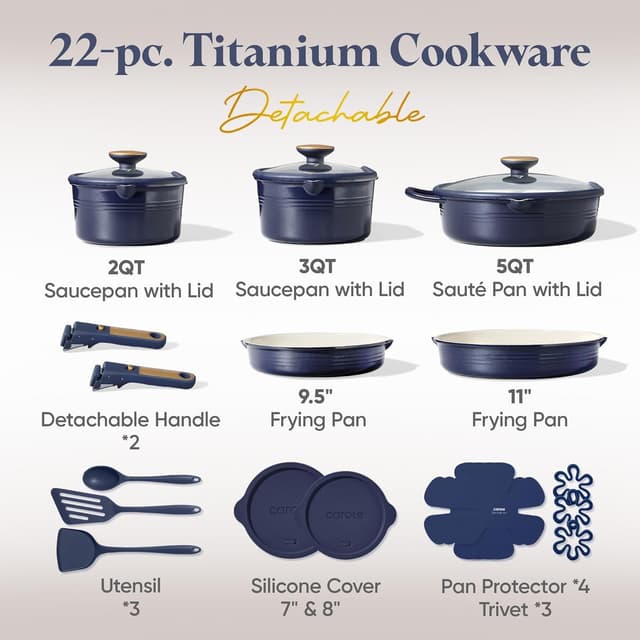 Detalle 2 de CAROTE 22-Piece Titanium Cookware Set with Detachable Handle (Blue)