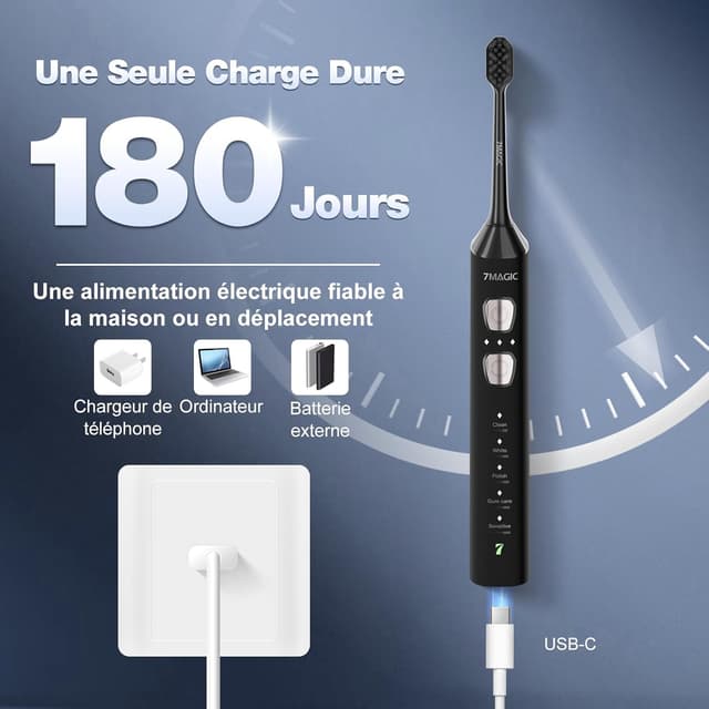 Detalle de Brosse à dents électrique sonique 7MAGIC – 3 intensités, 5 modes, 40000 VPM, autonomie jusqu’à 180 jours (IPX7) – Noir