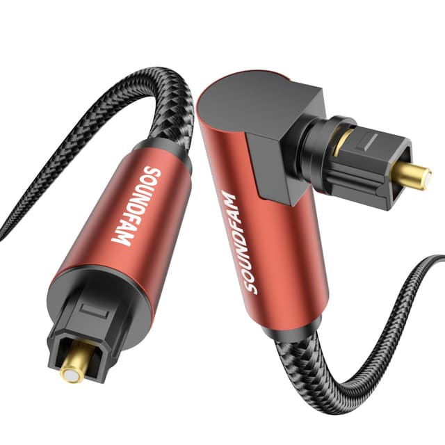 Detalle de SOUNDFAM 90° Optisches Audiokabel 3 m (Rot) – Toslink Digital mit Winkelstecker für Soundbar & TV
