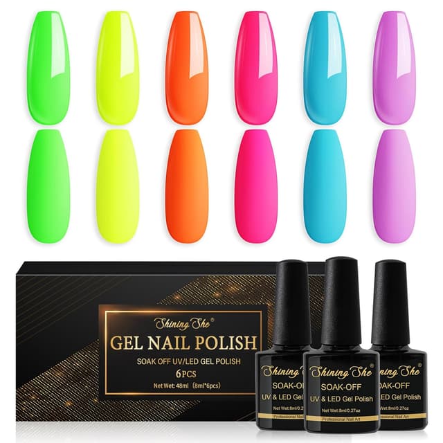 Detalle de Shining She UV Neon-Gellack-Set mit 6 Farben (Grün, Orange, Blau, Rosa, Lila) – für LED/UV und Nail Art