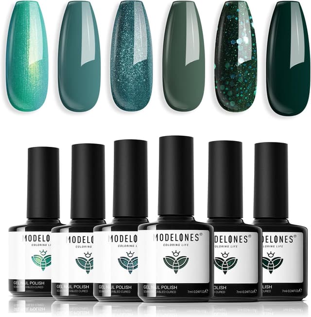 Detalle de Modelones Smalto Semipermanente Unghie Verde Glitter 6 colori HEma-free Gel Nail Art French Kit