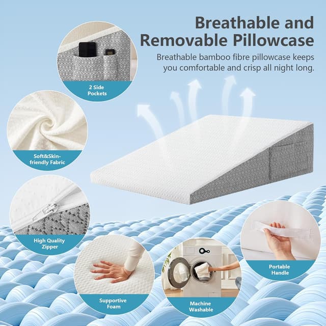 Detalle de Nordjager Wedge Pillow for Sleeping & Resting (24" Memory Foam Cushion with Grey/White Cover)