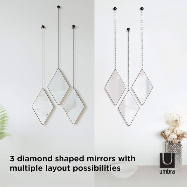 Detalle de Umbra Dima Mirror – Lot de 3 miroirs losanges suspendus noir, avec chaîne