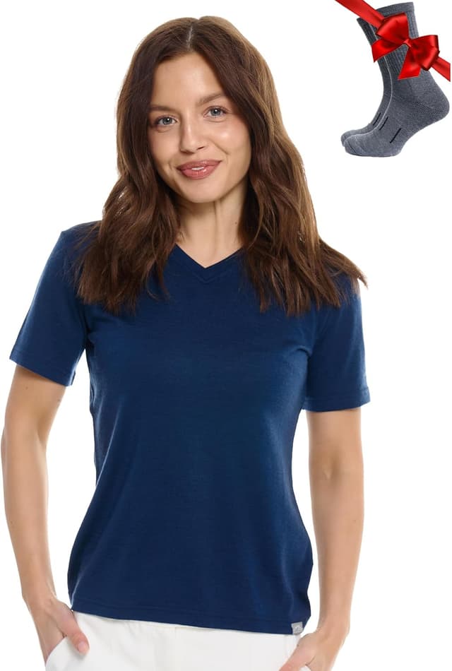 Detalle de Merino.tech Maglietta Merino da Donna 100% lana con manica corta + calzini in omaggio
