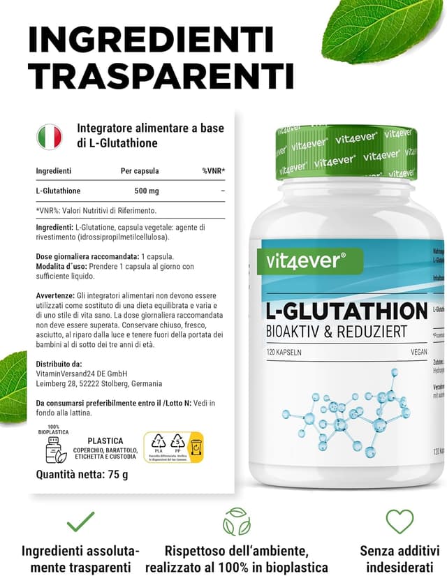 Detalle de L-Glutatione ridotto 500 mg 120 capsule vegane premium (fermentazione)