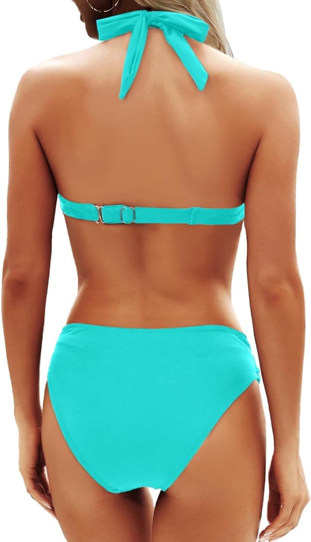 Detalle de Yonique Women Two-Piece Push-Up Bikini Set with Halter Top and V-Cut Bottoms