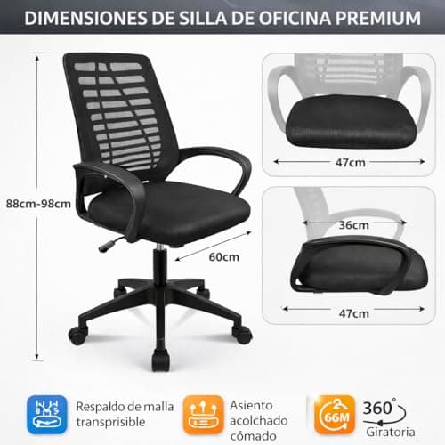 Detalle de Silla ergonómica de oficina T-LOVENDO - respaldo de malla transpirable, soporte lumbar y altura regulable