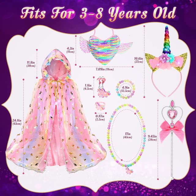 Detalle de Fedio Princess Unicorn Light-Up Dress Up Cape Set for Girls (Ages 3–8)