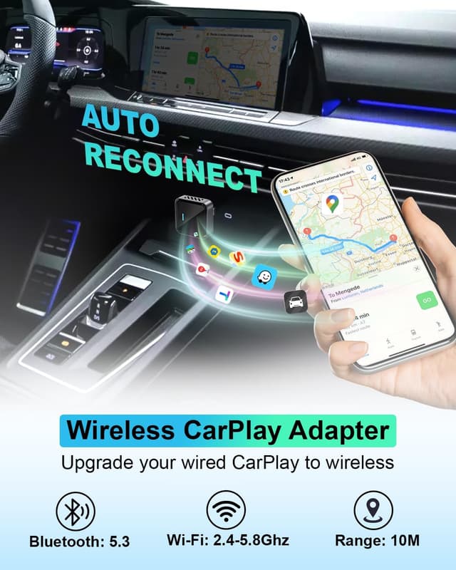 Detalle 2 de Gatatol Adattatore CarPlay Wireless per iPhone: da CarPlay cablato a wireless, mini USB-A/USB-C