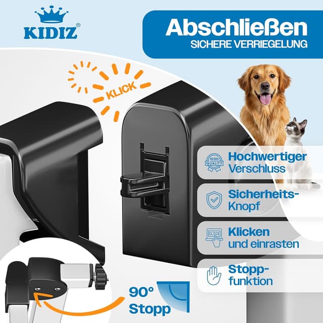 Detalle de KIDIZ Treppenschutzgitter ohne Bohren – verstellbare Breite 81–87 cm, 75 cm hoch, Türschutz- und Absperrgitter mit 90° Open-Stop