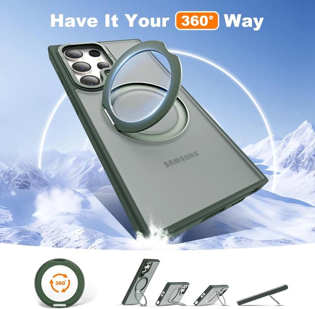 Detalle 2 de Zalinbo Compatible with Samsung Galaxy S24 Ultra Case with 360° Rotatable Magnetic Ring Stand (Mag-Safe, Military-Grade Protection) Dark Green