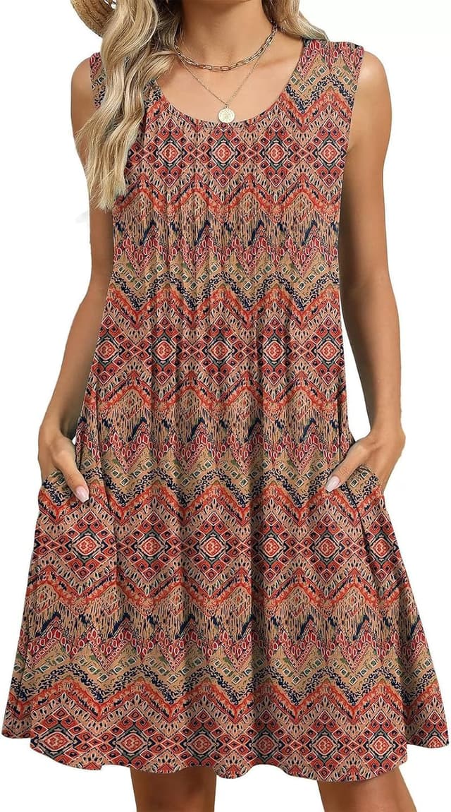 Detalle 2 de PICKLION Women’s Summer Boho Floral Midi Dress with Side Pockets (Sleeveless, Loose Fit)