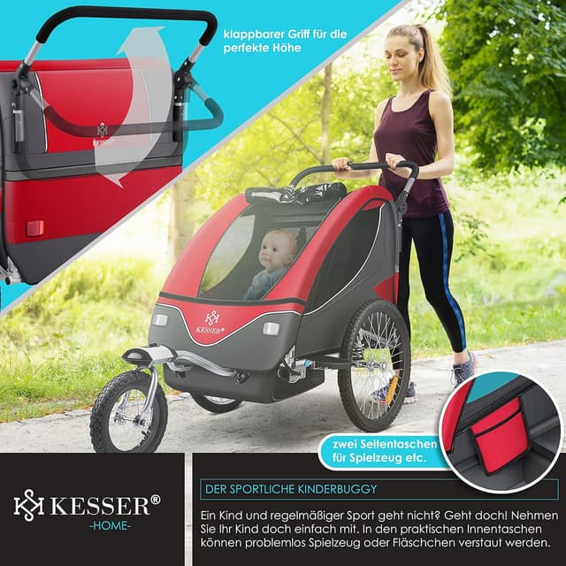 Detalle de KESSER Kinderanhänger Fahrradanhänger 360° drehbar mit Federung und 2in1 Joggerfunktion (1–2 Kinder, max. 40 kg) inkl. Warnfahne, Rot