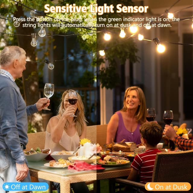 Detalle de QIHANS Mains Powered Outdoor Garden String Lights (30m/100ft) with Light Sensor Timer & 50+2 G40 Globe Bulbs