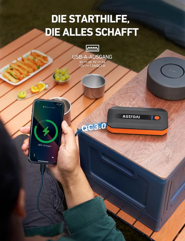 Detalle de AstroAI B8 Starthilfe Powerbank für 12V Autos & Motorräder (für 7,0 L Benzin / 5,5 L Diesel) mit LED