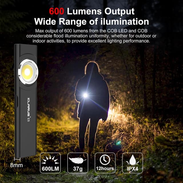 Detalle de Klarus Lampe de travail COB rechargeable USB‑C plate (600 lumens) avec base magnétique et clip