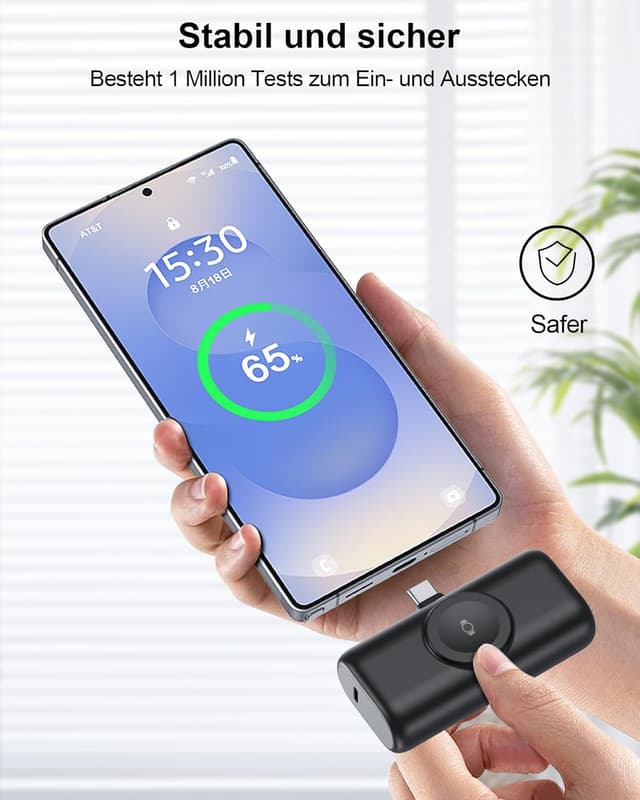 Detalle 2 de Mini Powerbank für Samsung & Galaxy Watch (5000 mAh, 3-in-1) – kompakter Notstrom mit Schnellladefunktion