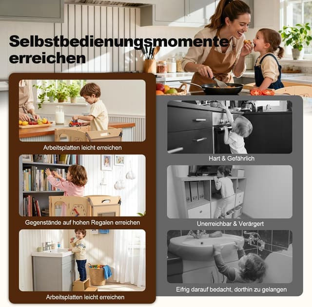 Detalle de SOFTHOM Montessori Lernturm ab 1 Jahr – klappbar, höhenverstellbar mit 360° Sicherheitsnetz und Holz-Tritthocker