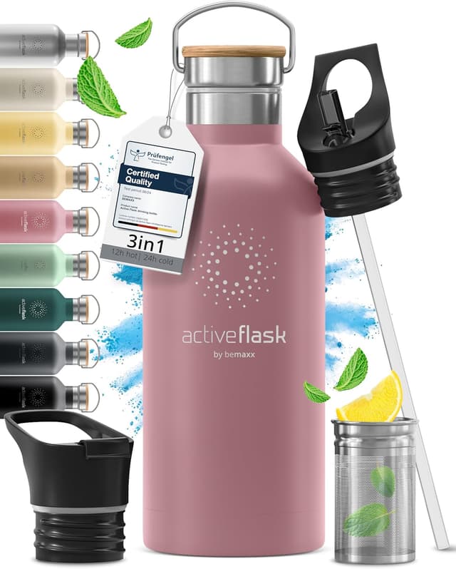 Detalle de Stainless Steel Water Bottle with Straw, Infuser & 3 Lids (Vacuum Insulated ACTIVE FLASK) – 950ml