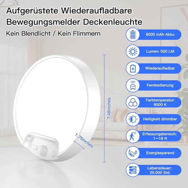 Thumbnail 6 de Homelist LED Akku Deckenleuchte mit Bewegungsmelder, 8.000 mAh und Fernbedienung – dimmbar für Bad, Flur & Keller