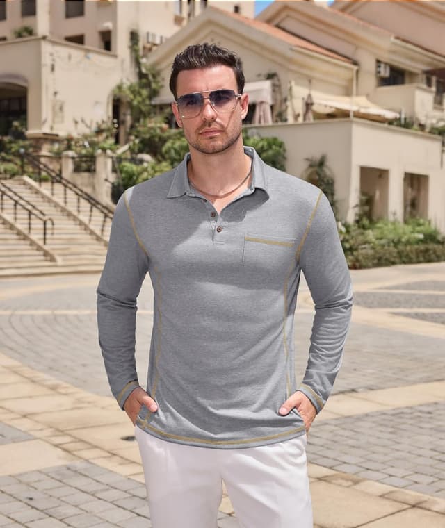 Detalle 2 de Elainone Herren Langarm Polo mit Brusttasche – atmungsaktives Stretch Golf Oberteil (Regular Fit) M bis 3XL