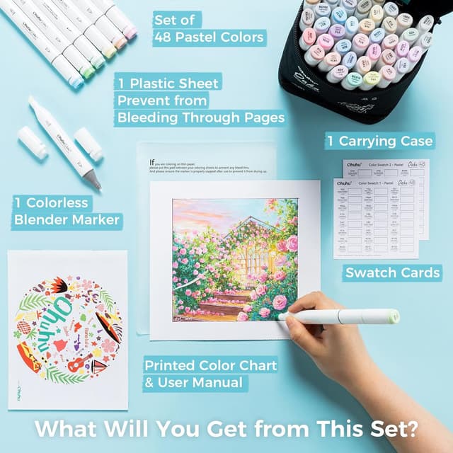 Detalle 2 de Ohuhu Alcohol Markers 48 Pastel Colours (AP certificated) – refillable dual tip set for artists & colouring