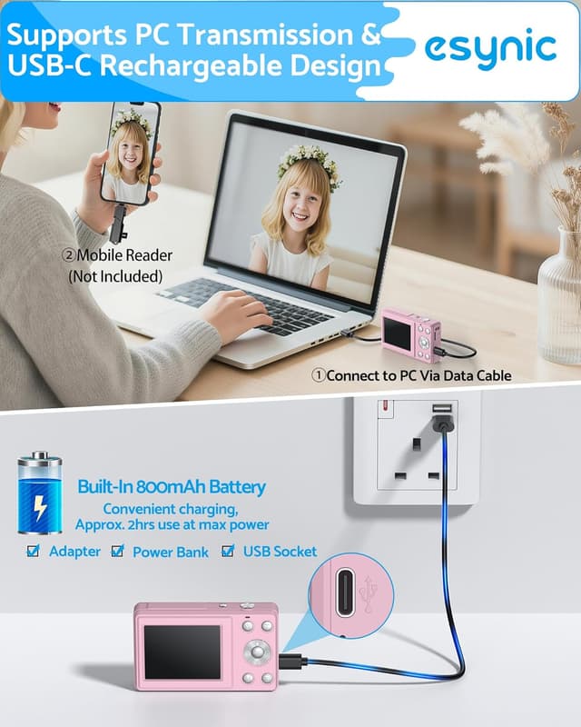 Detalle 2 de eSynic Digital Compact Camera 4K 48MP with Dual Screens, 18X Zoom and LED Fill Light (Pink) + 32G SD Card