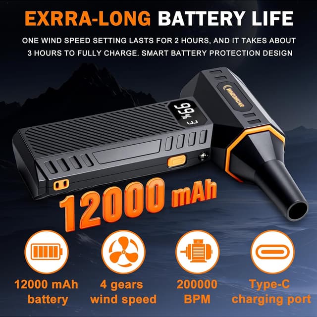 Detalle 2 de Soffiatore elettrico WHZOHCAR a aria compressa senza fili con LED e display LCD, 4 velocità fino a 20000RPM