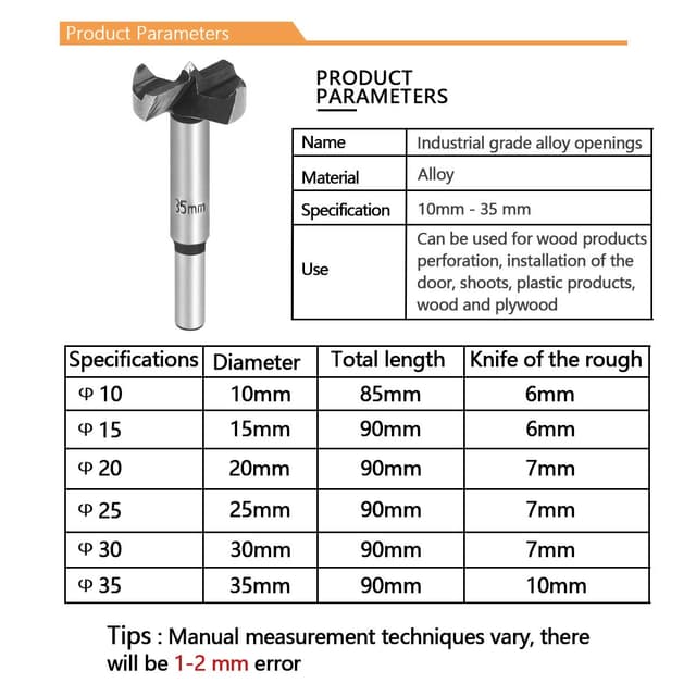 Detalle 2 de flintronic Lot de mèches Forstner 6 pièces 10 à 35 mm (queue ronde) pour bois
