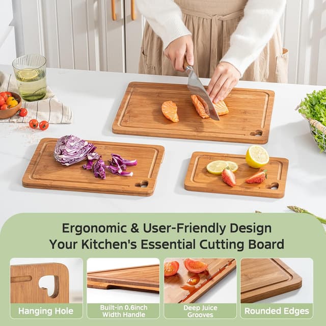 Detalle de Vocvee Bamboo Cutting Boards for Kitchen (Set of 3) with Storage Stand, Juice Groove & Dual-Sided Prep/Serving